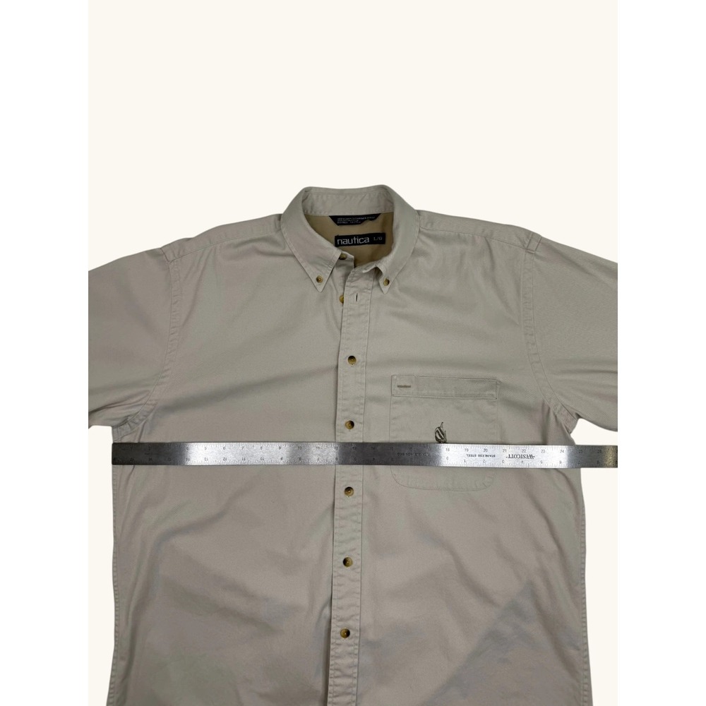 Nautica Mens Large Khaki Tan Cotton Twill Long Sleeve Button Down Shirt Logo L - Picture 5 of 8